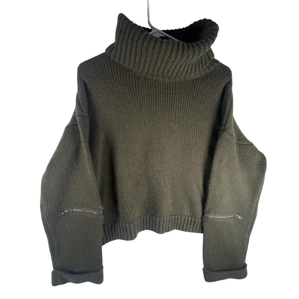 L'ATISTE Sweater Womens Small Green Turtleneck Chunky Knit Oversized Zip Sleeve